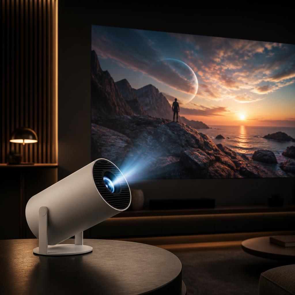 HY300PRO+ projiziert einen Film auf die Wand eines abgedunkelten Wohnzimmers